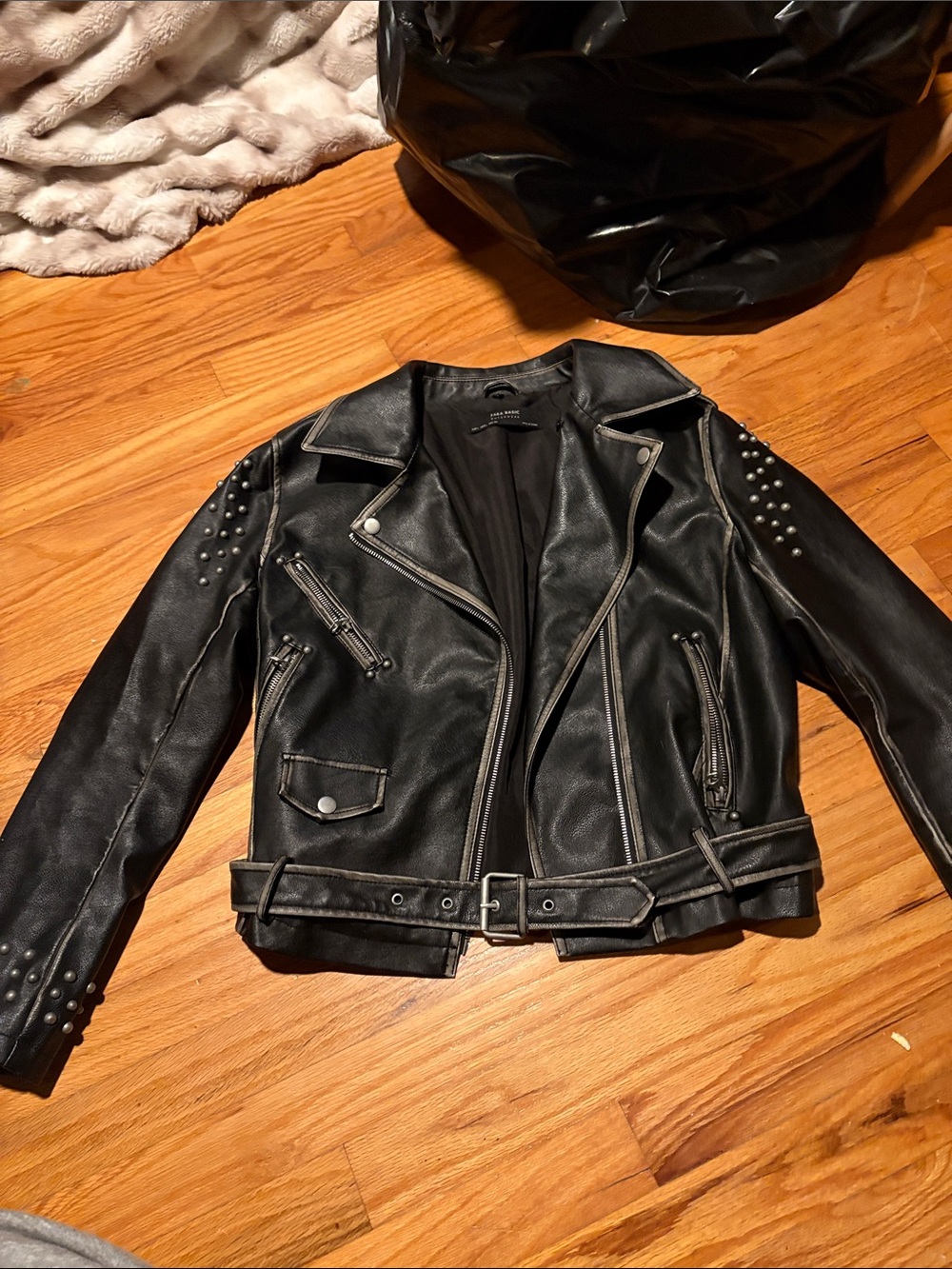 Studded Black Faux Leather Moto Jacket with Belted Waist